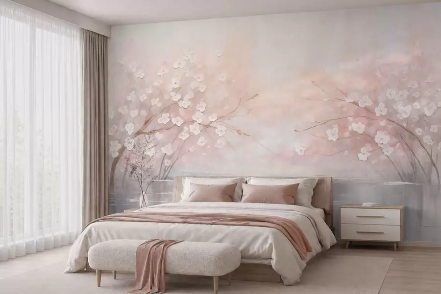 murais de parede Galhos floridos sobre águas calmas em tons suaves de rosa w05858