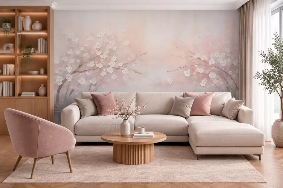 murais de parede Galhos floridos sobre águas calmas em tons suaves de rosa w05858