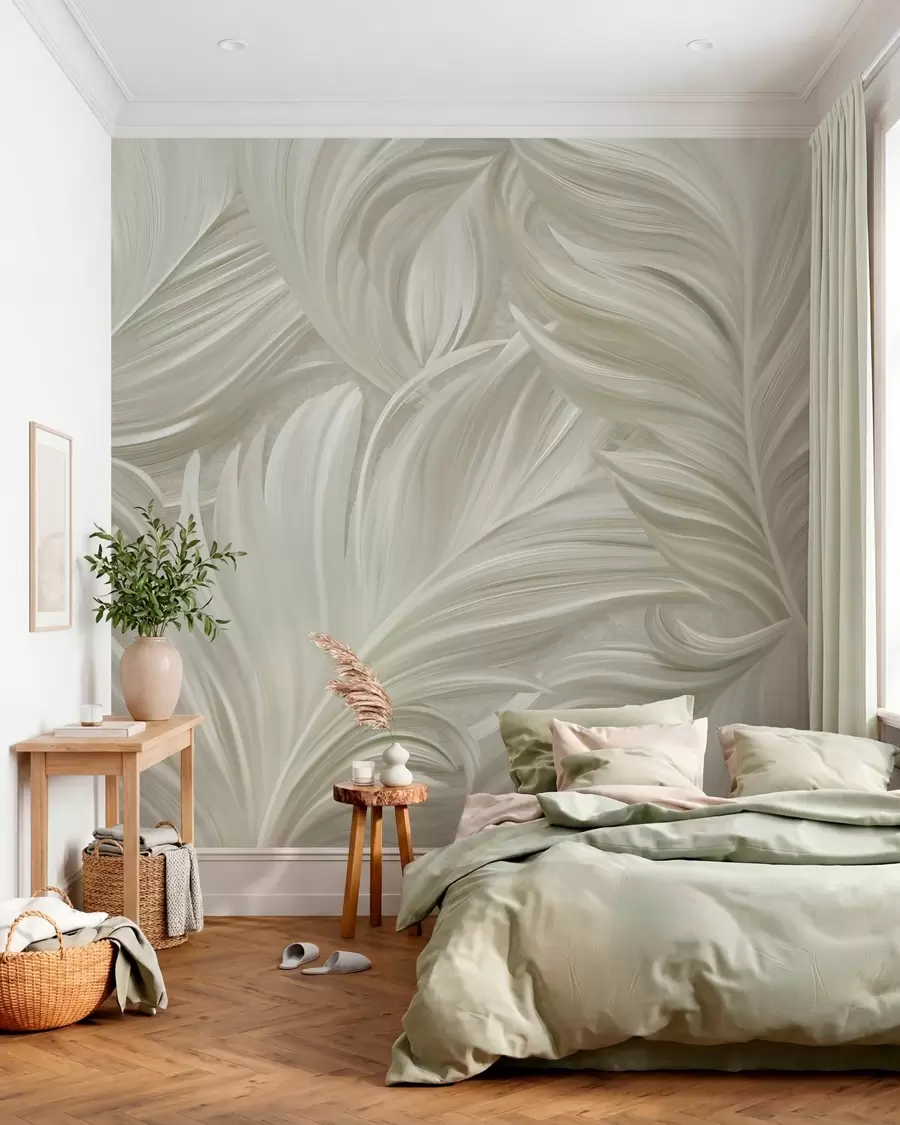 murais de parede Uma pena grande, pintada e curvada em tons de bege frio w05757v2