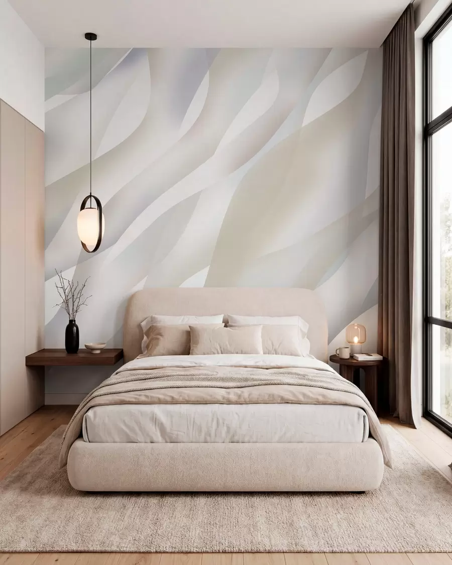 murais de parede Ondas abstratas em tons de cinza e bege contra um fundo branco w05758
