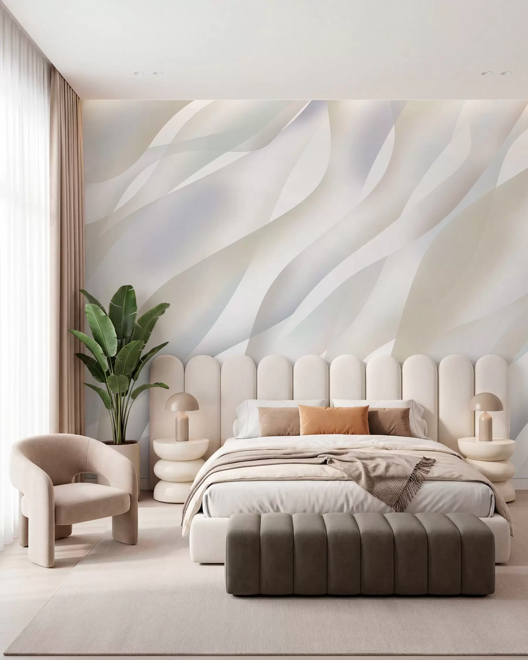 murais de parede Ondas abstratas em tons de cinza e bege contra um fundo branco w05758