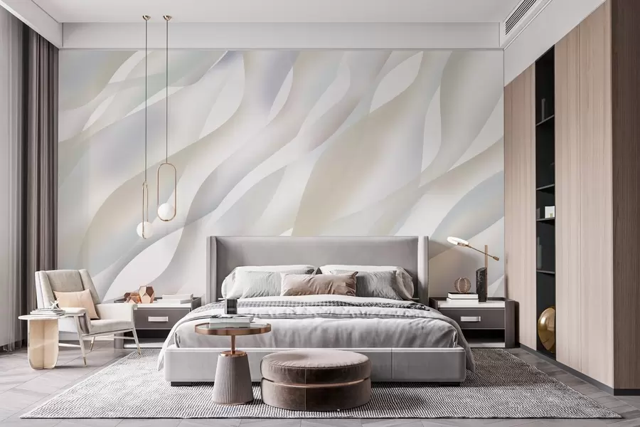 murais de parede Ondas abstratas em tons de cinza e bege contra um fundo branco w05758