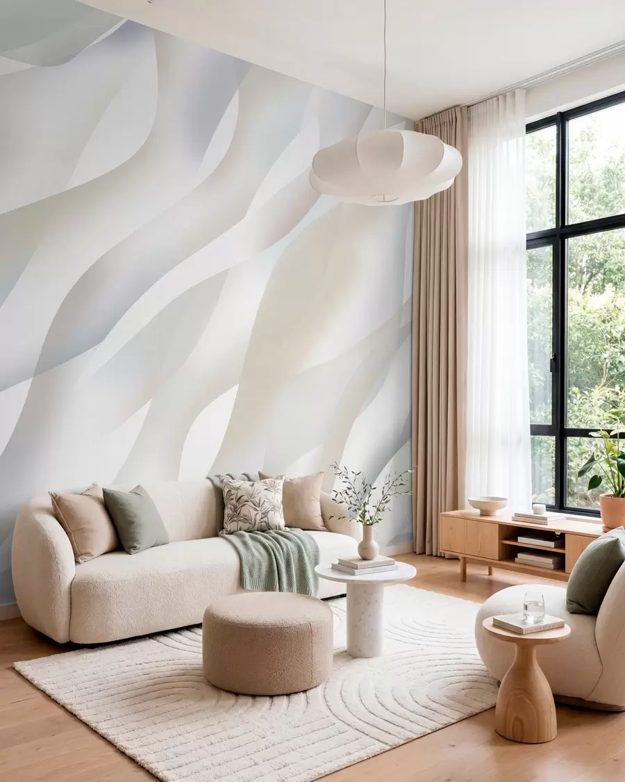 murais de parede Ondas abstratas em tons de cinza e bege contra um fundo branco w05758