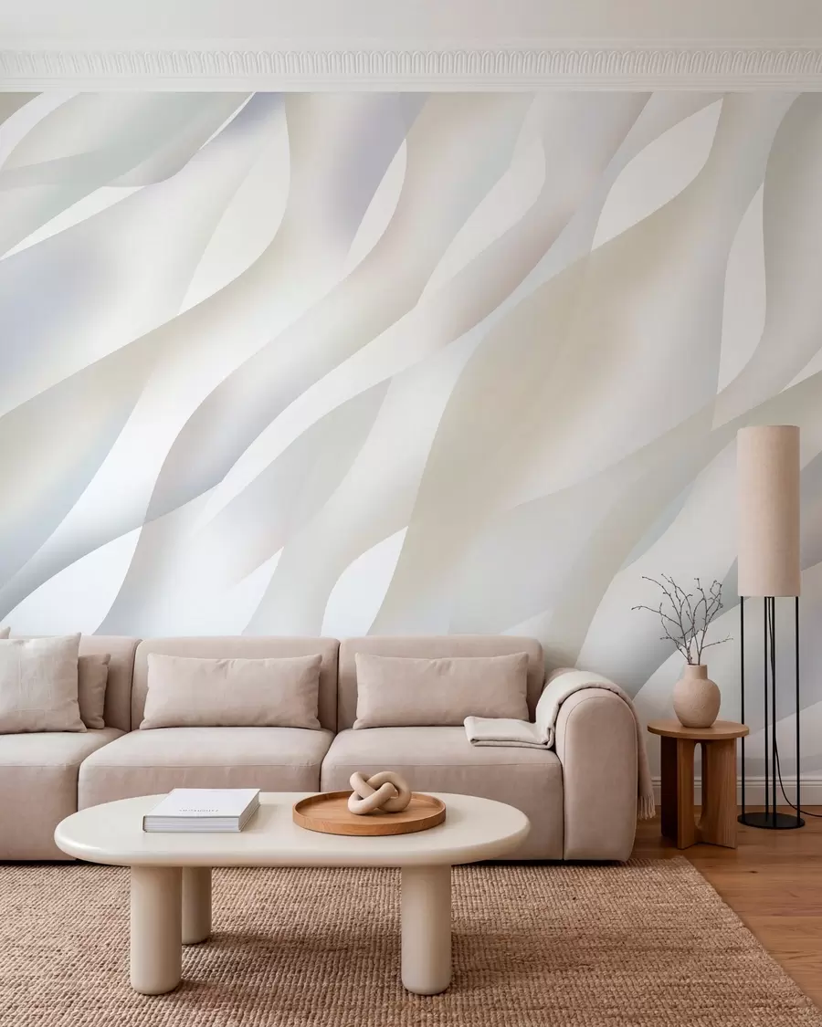 murais de parede Ondas abstratas em tons de cinza e bege contra um fundo branco w05758