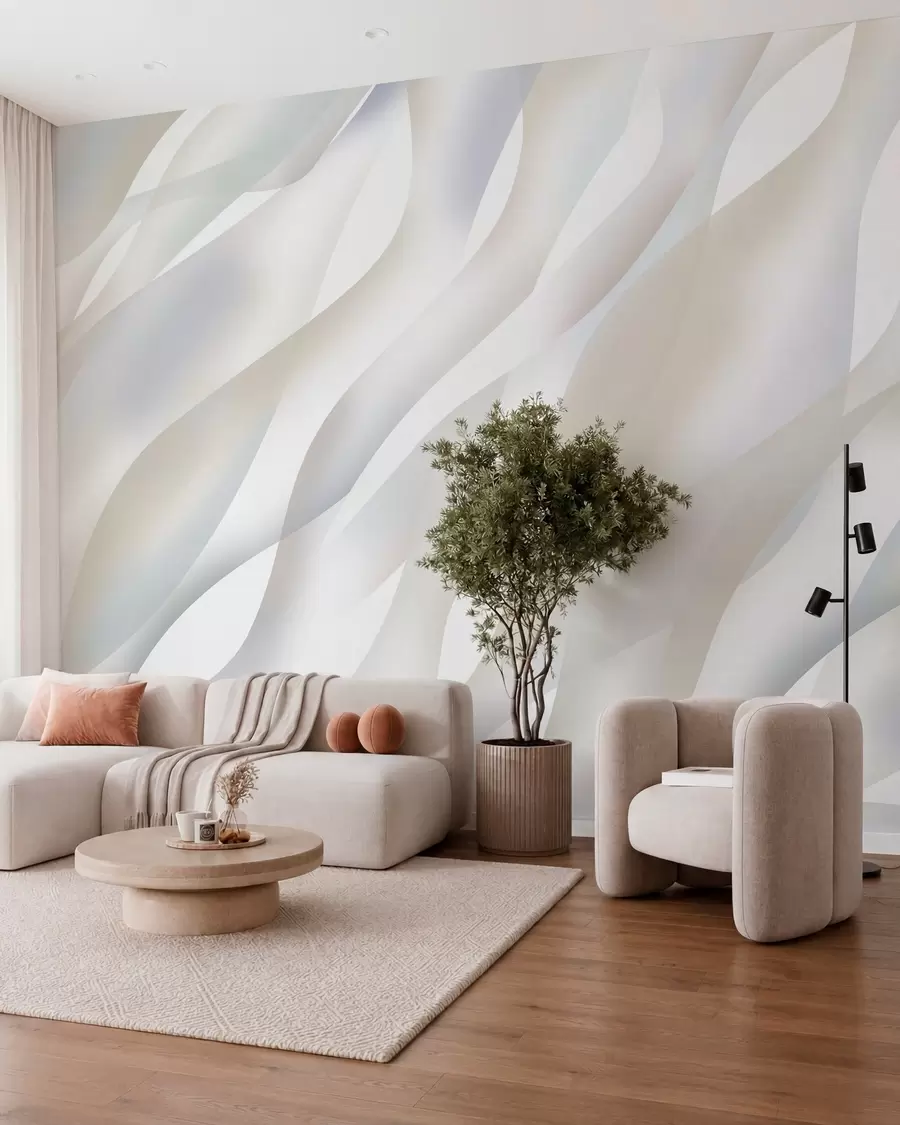 murais de parede Ondas abstratas em tons de cinza e bege contra um fundo branco w05758