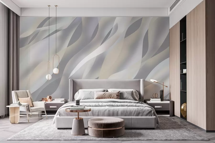 murais de parede Ondas abstratas em tons de cinza e bege contra um fundo cinza escuro w05758v2
