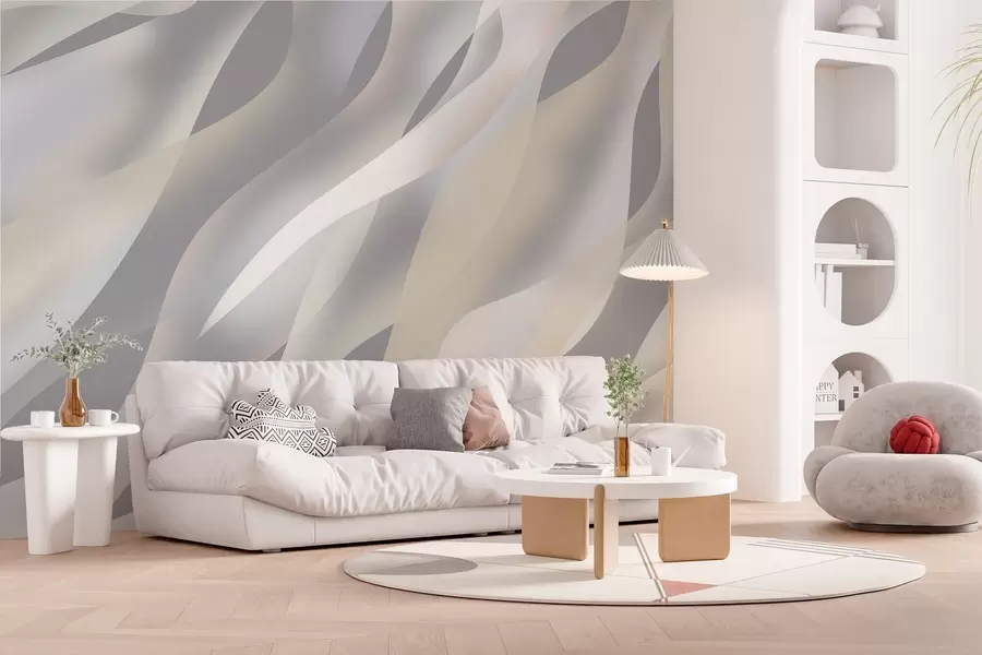 murais de parede Ondas abstratas em tons de cinza e bege contra um fundo cinza escuro w05758v2