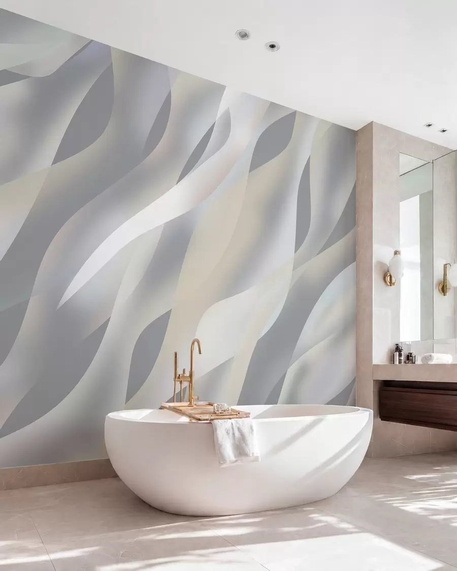 murais de parede Ondas abstratas em tons de cinza e bege contra um fundo cinza escuro w05758v2