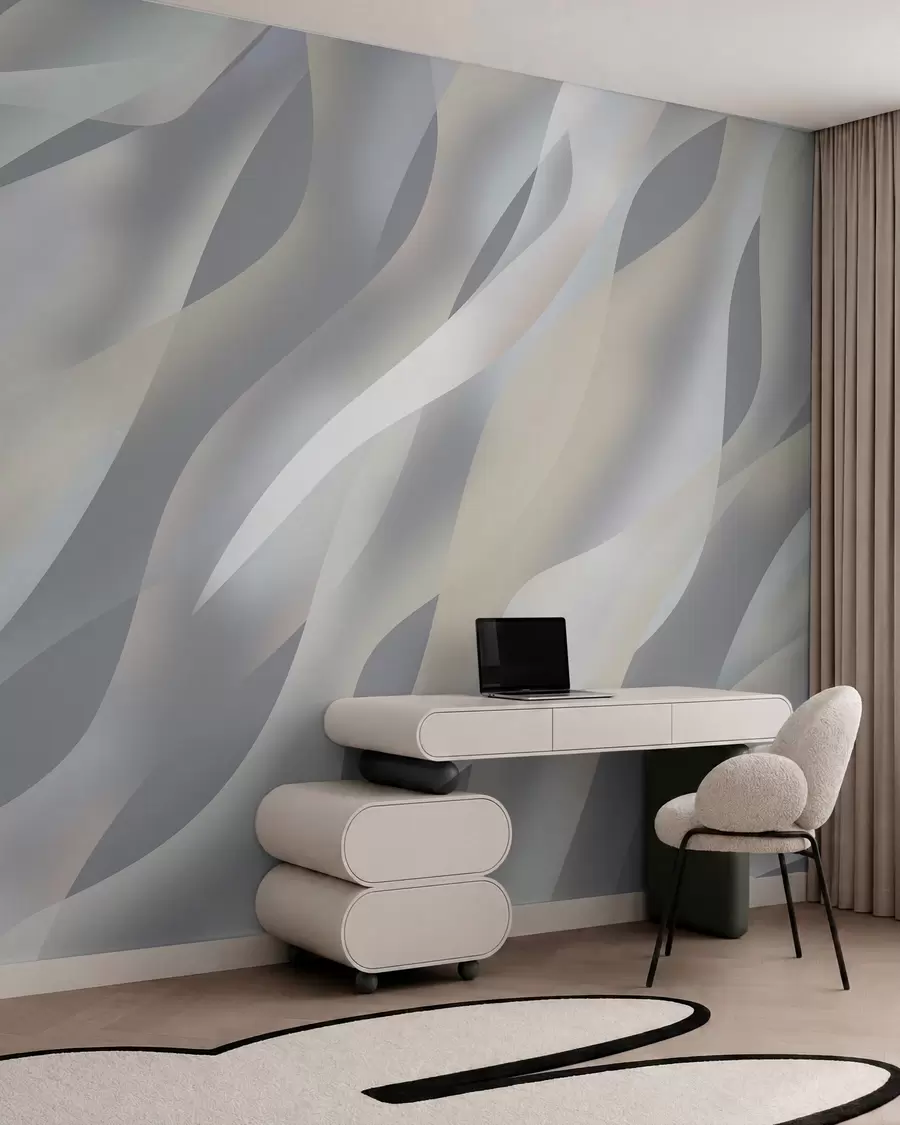 murais de parede Ondas abstratas em tons de cinza e bege contra um fundo cinza escuro w05758v2