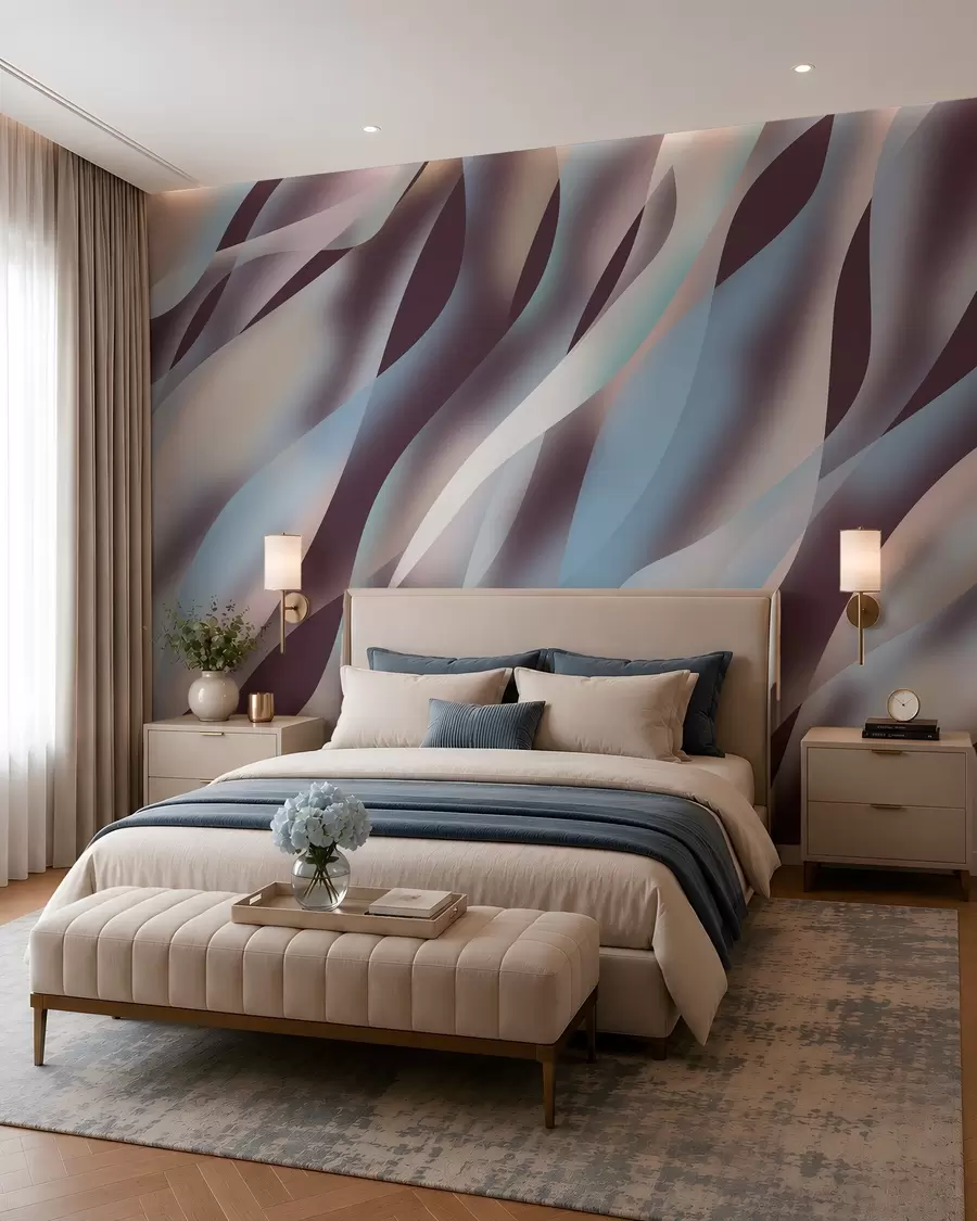 murais de parede Ondas abstratas em tons de azul, rosa e bege sobre um fundo berinjela escuro w05758v3