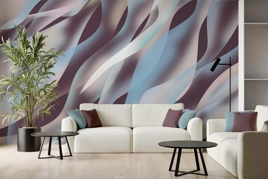 murais de parede Ondas abstratas em tons de azul, rosa e bege sobre um fundo berinjela escuro w05758v3