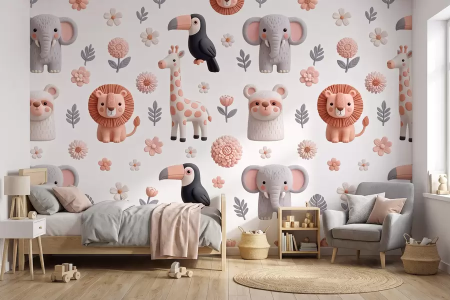 murais de parede Safári em tons suaves: girafas, leões, elefantes e tucanos w09994