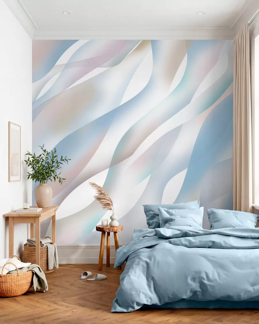 murais de parede Ondas abstratas em tons de azul, rosa e bege sobre um fundo branco w05758v1