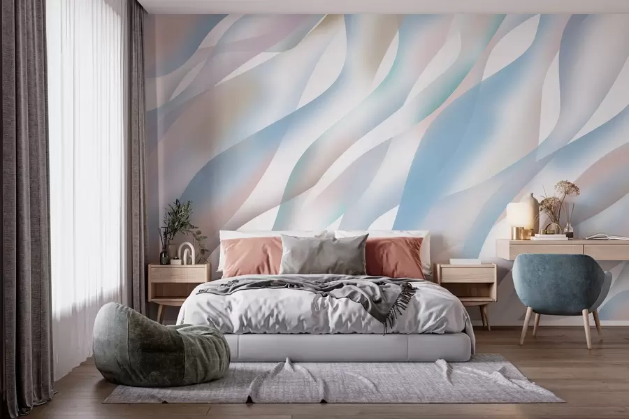murais de parede Ondas abstratas em tons de azul, rosa e bege sobre um fundo branco w05758v1
