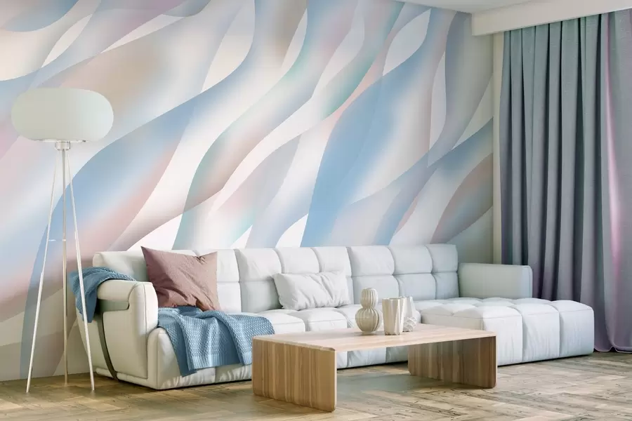 murais de parede Ondas abstratas em tons de azul, rosa e bege sobre um fundo branco w05758v1