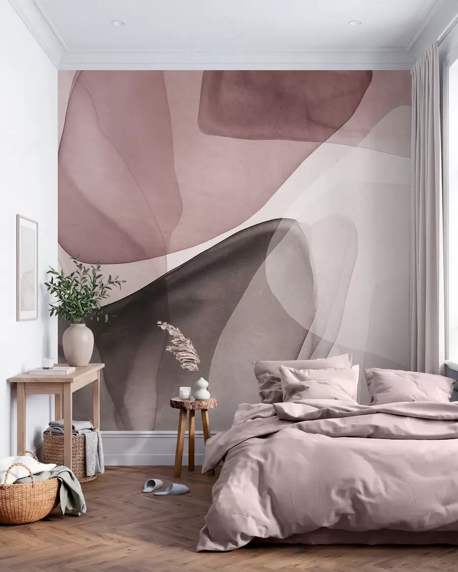 murais de parede Formas abstratas em tons de rosa e marrom escuro, com efeito de camadas texturizadas e translúcidas w10022v1