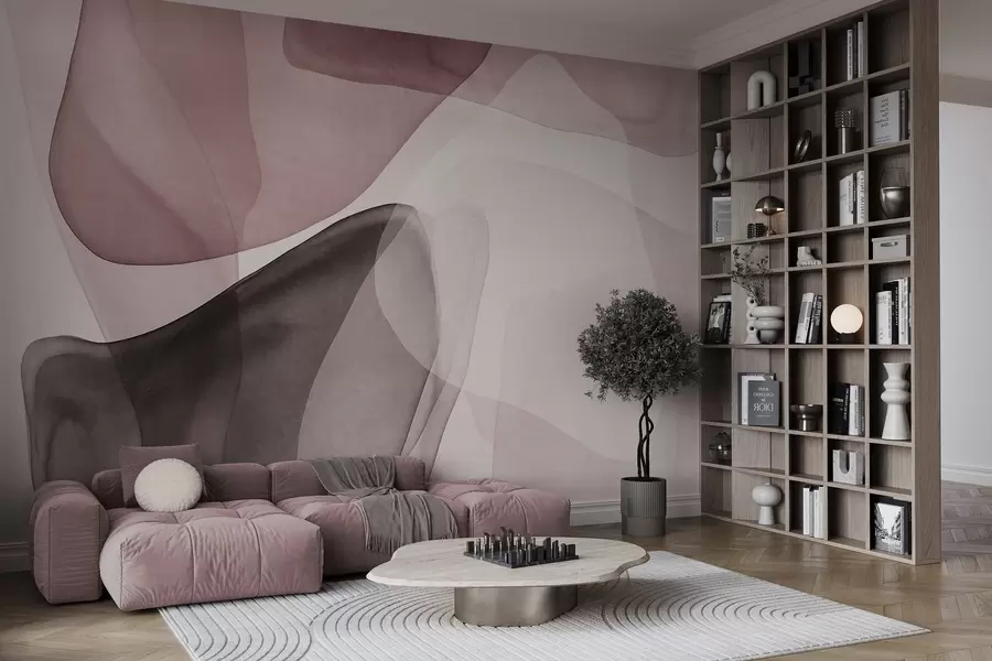 murais de parede Formas abstratas em tons de rosa e marrom escuro, com efeito de camadas texturizadas e translúcidas w10022v1