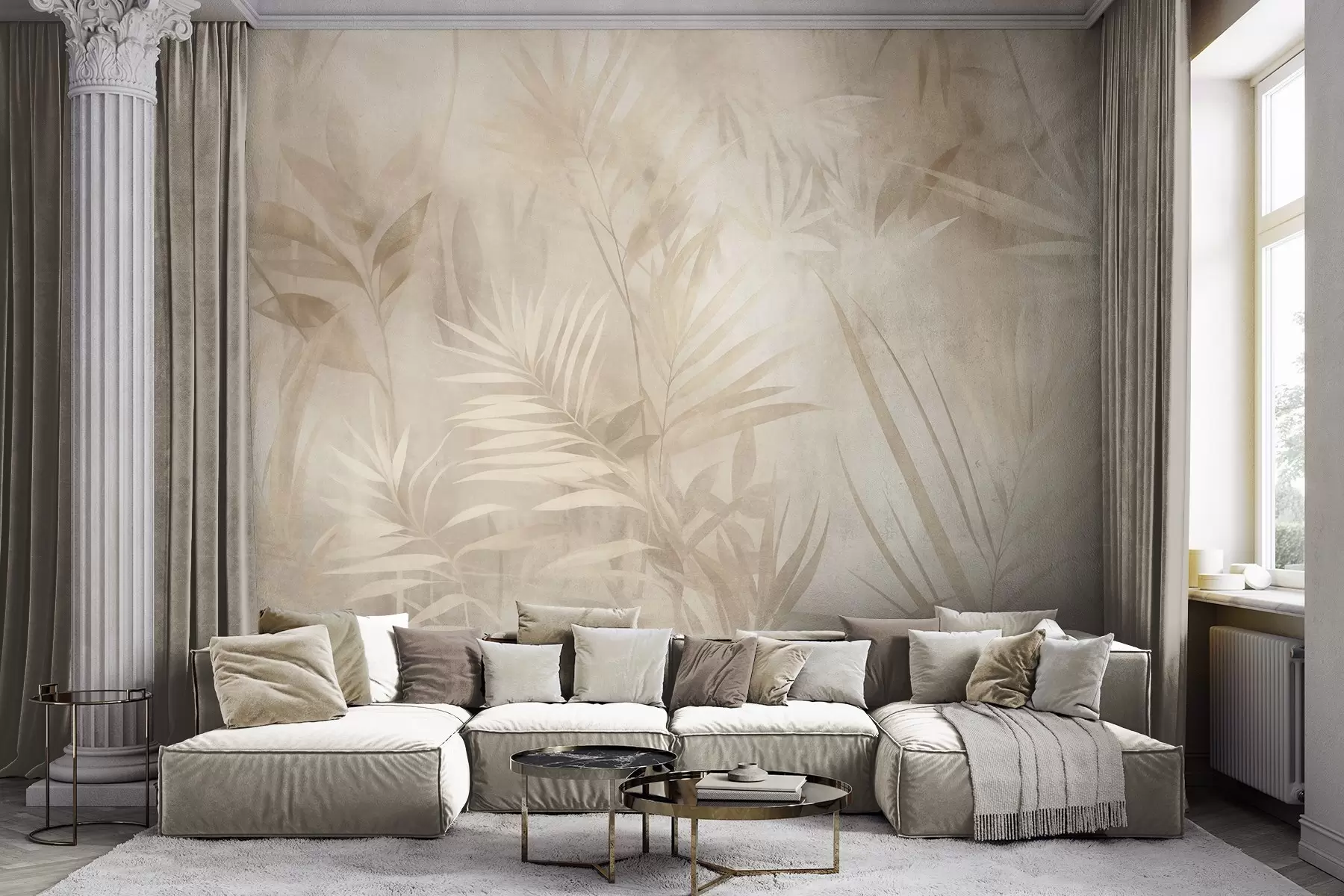murais de parede Folhas de palmeira em tons suaves de bege e creme, com um fundo suave, selva tropical w10023