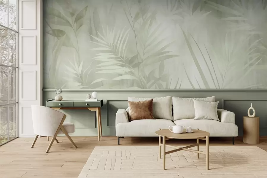 murais de parede Folhas de palmeira em tons suaves de verde, com um fundo suave, em uma selva tropical w10023v1
