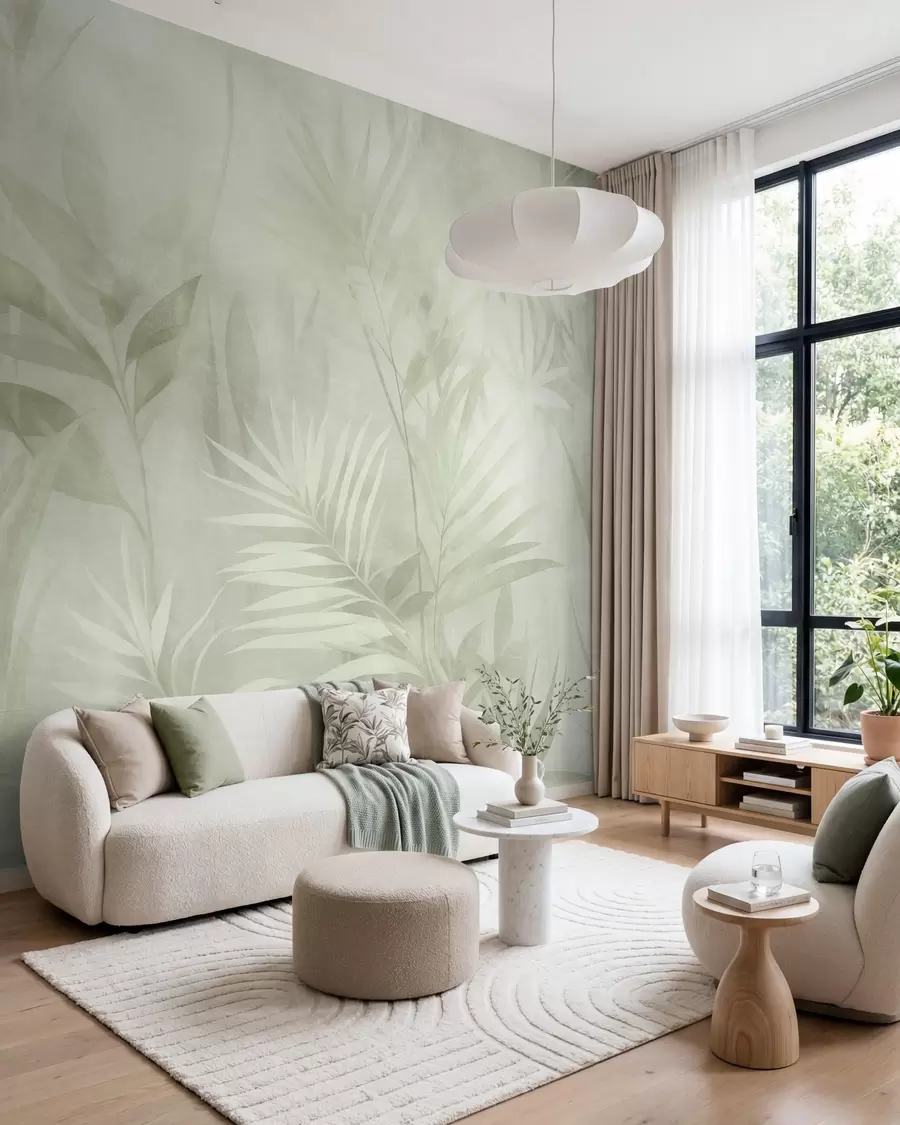 murais de parede Folhas de palmeira em tons suaves de verde, com um fundo suave, em uma selva tropical w10023v1