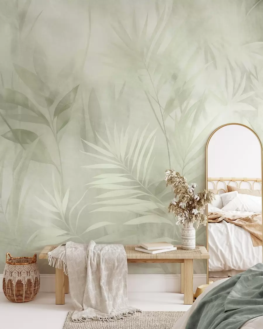 murais de parede Folhas de palmeira em tons suaves de verde, com um fundo suave, em uma selva tropical w10023v1