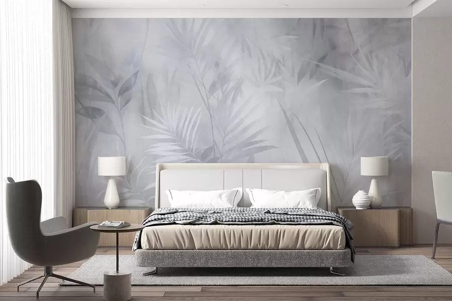 murais de parede Folhas de palmeira em tons suaves de azul, com um fundo delicado, em meio a uma selva tropical w10023v2
