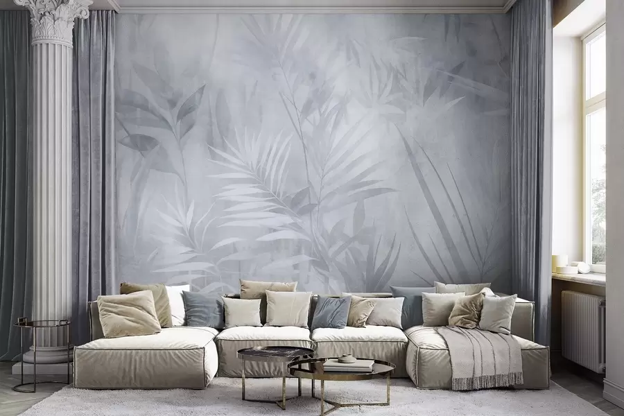 murais de parede Folhas de palmeira em tons suaves de azul, com um fundo delicado, em meio a uma selva tropical w10023v2