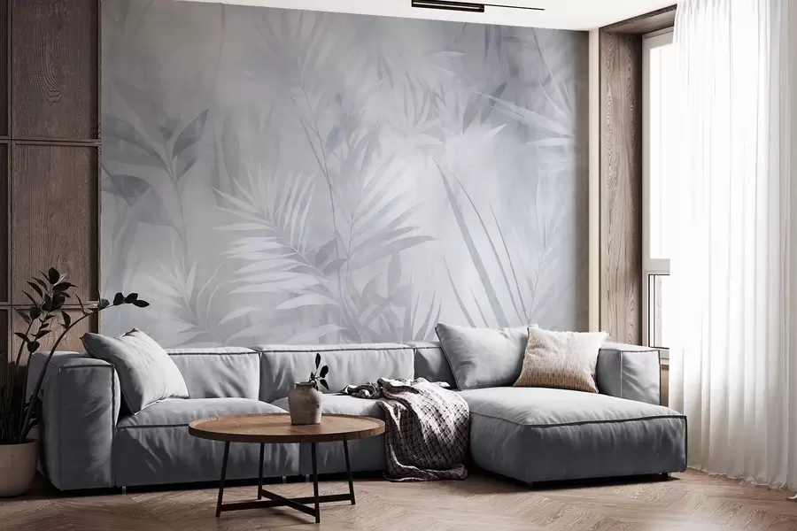 murais de parede Folhas de palmeira em tons suaves de azul, com um fundo delicado, em meio a uma selva tropical w10023v2