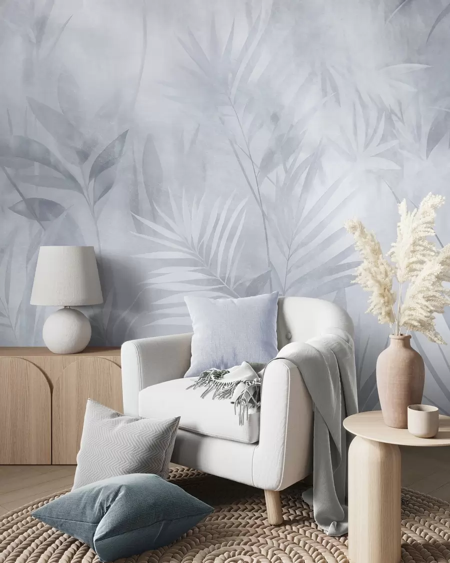 murais de parede Folhas de palmeira em tons suaves de azul, com um fundo delicado, em meio a uma selva tropical w10023v2