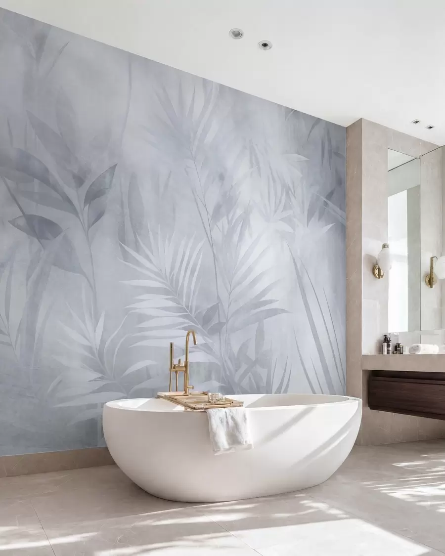 murais de parede Folhas de palmeira em tons suaves de azul, com um fundo delicado, em meio a uma selva tropical w10023v2