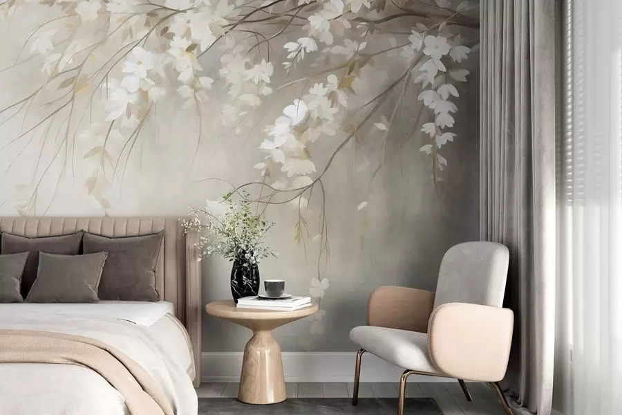 murais de parede Um delicado galho de cerejeira com flores brancas e folhas, em estilo de pintura w10024