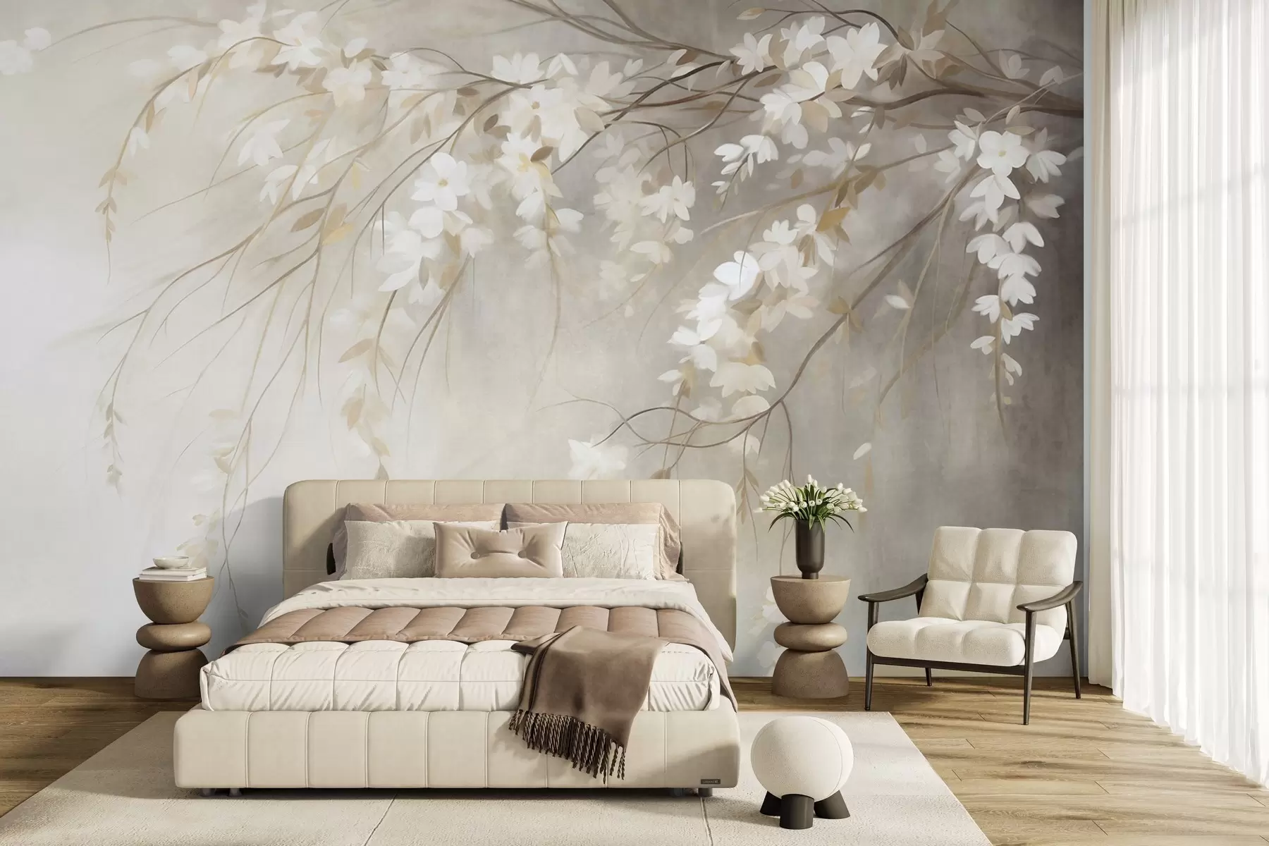murais de parede Um delicado galho de cerejeira com flores brancas e folhas, em estilo de pintura w10024