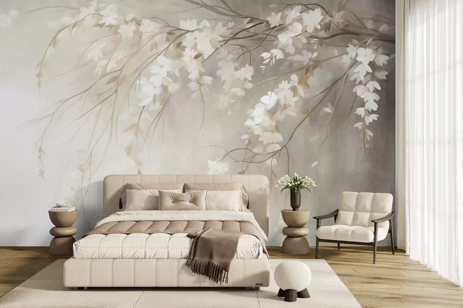 murais de parede Um delicado galho de cerejeira com flores brancas e folhas, em estilo de pintura w10024