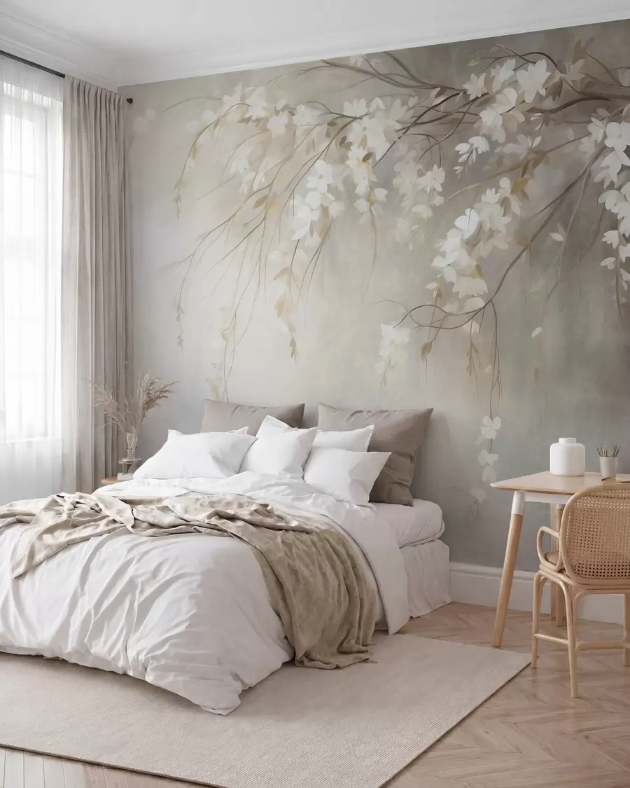 murais de parede Um delicado galho de cerejeira com flores brancas e folhas, em estilo de pintura w10024