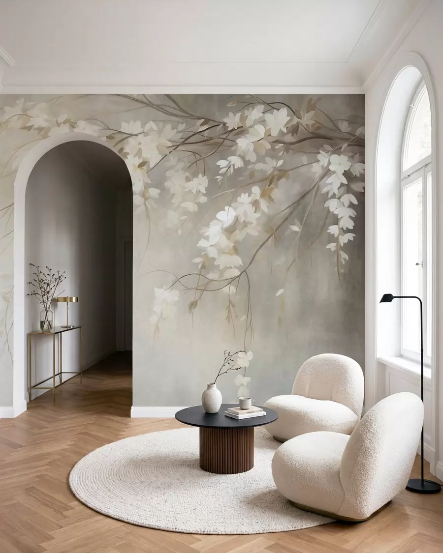 murais de parede Um delicado galho de cerejeira com flores brancas e folhas, em estilo de pintura w10024