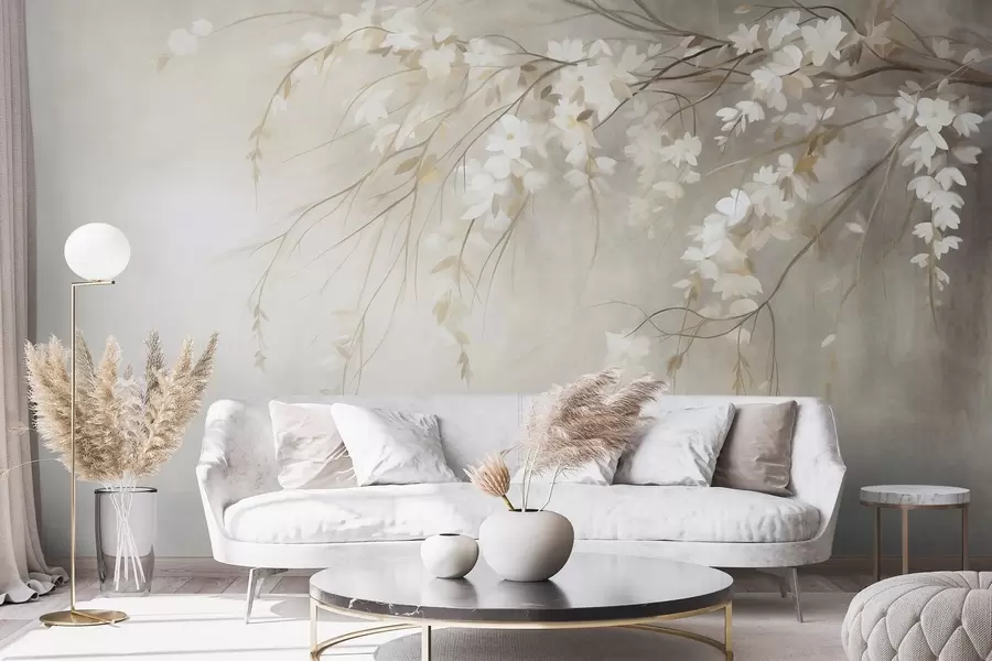 murais de parede Um delicado galho de cerejeira com flores brancas e folhas, em estilo de pintura w10024