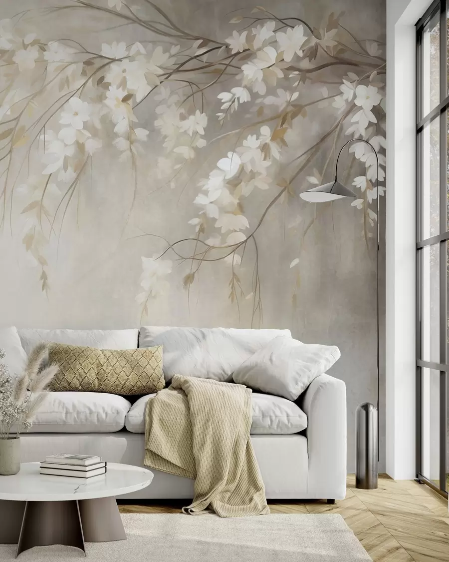 murais de parede Um delicado galho de cerejeira com flores brancas e folhas, em estilo de pintura w10024