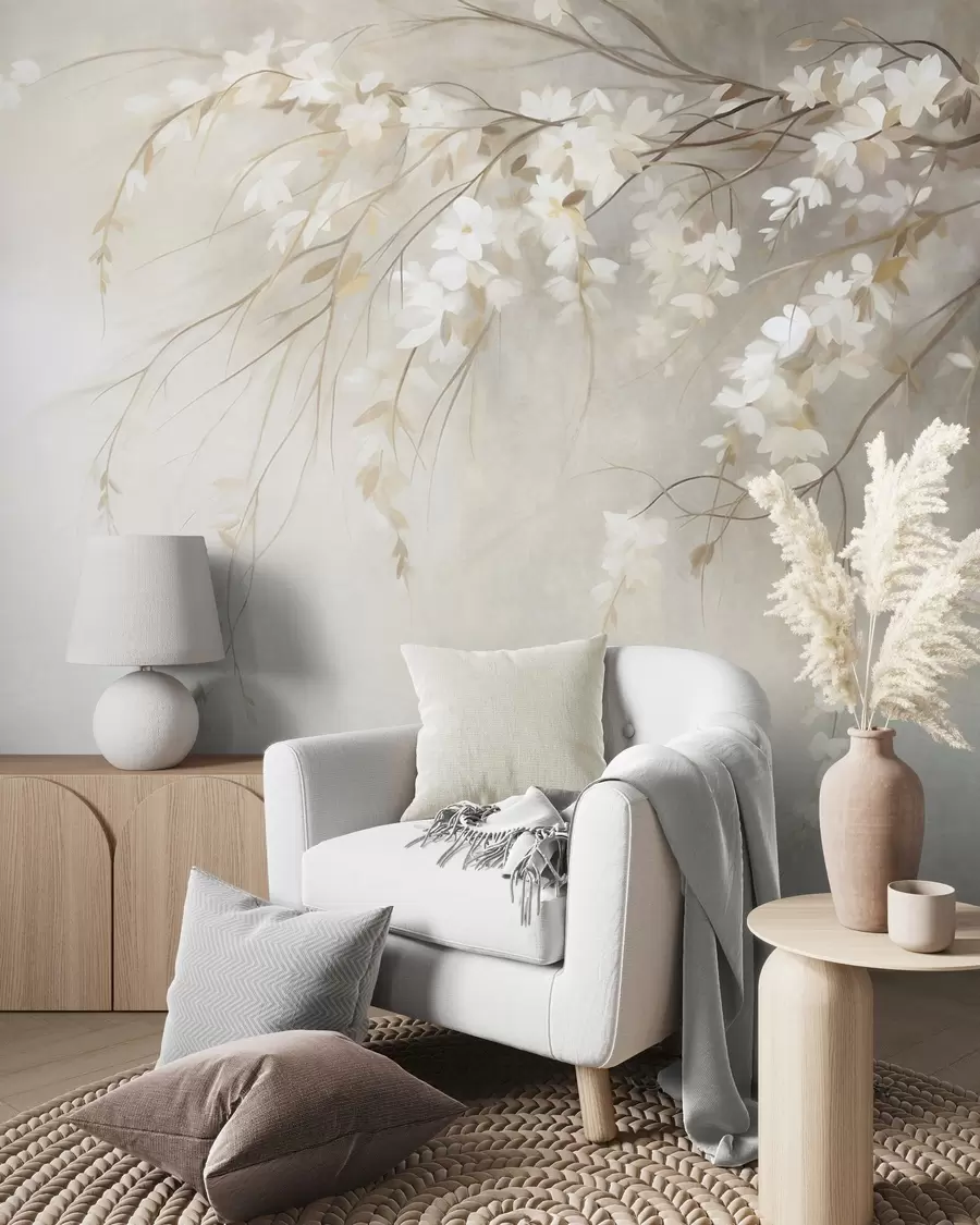 murais de parede Um delicado galho de cerejeira com flores brancas e folhas, em estilo de pintura w10024