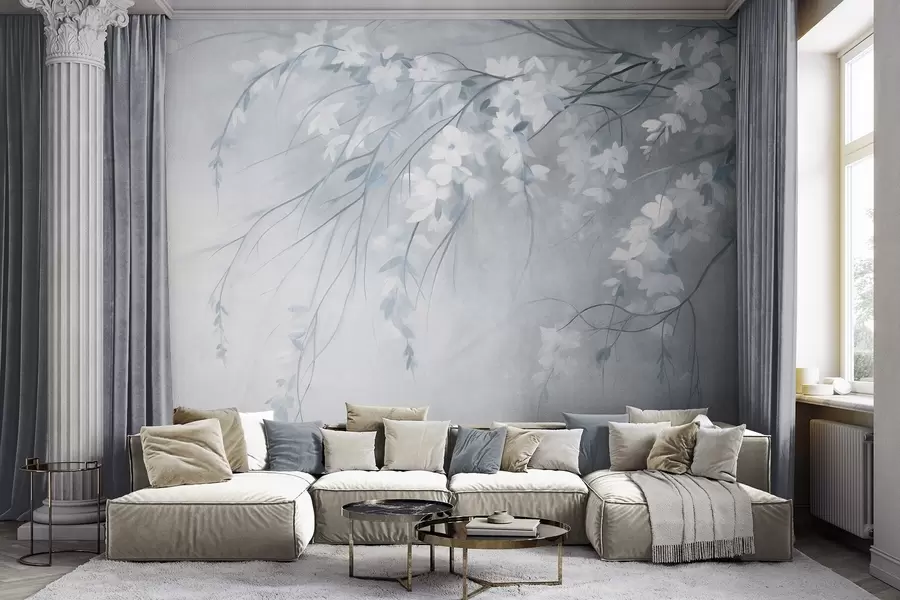 murais de parede Um delicado galho de cerejeira com flores brancas e folhas, em estilo de pintura w10024v1