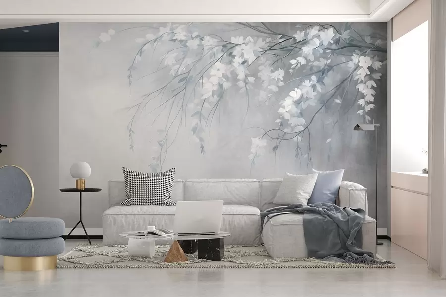 murais de parede Um delicado galho de cerejeira com flores brancas e folhas, em estilo de pintura w10024v1