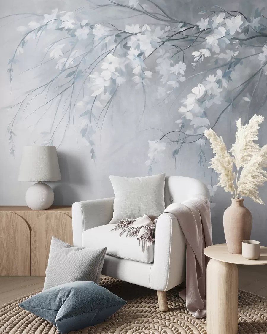 murais de parede Um delicado galho de cerejeira com flores brancas e folhas, em estilo de pintura w10024v1