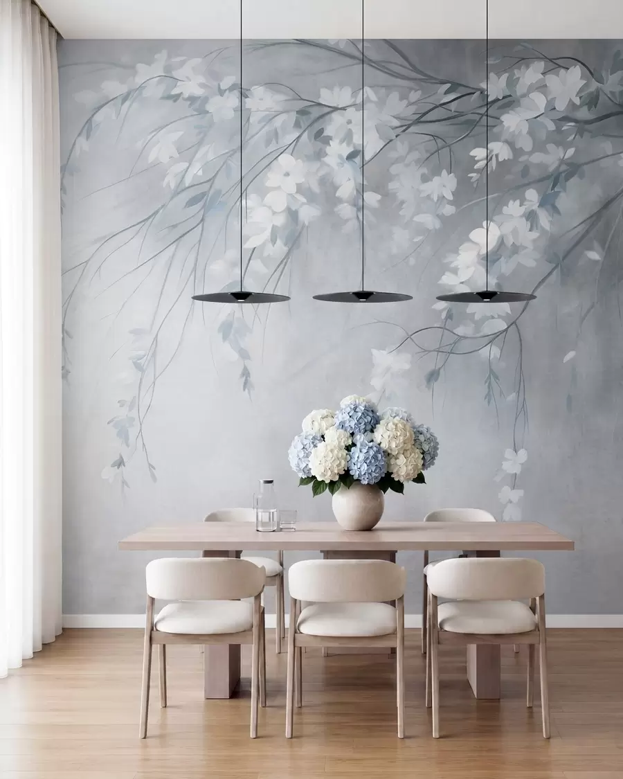 murais de parede Um delicado galho de cerejeira com flores brancas e folhas, em estilo de pintura w10024v1