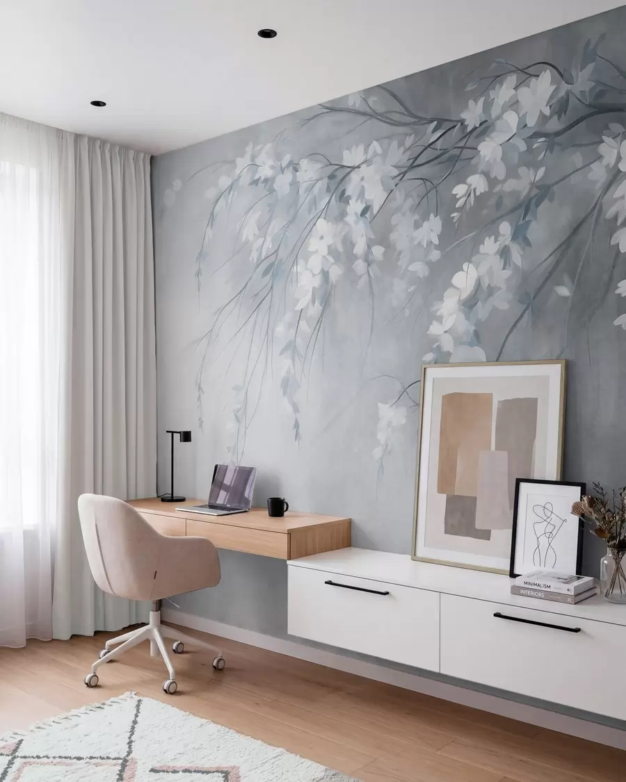 murais de parede Um delicado galho de cerejeira com flores brancas e folhas, em estilo de pintura w10024v1