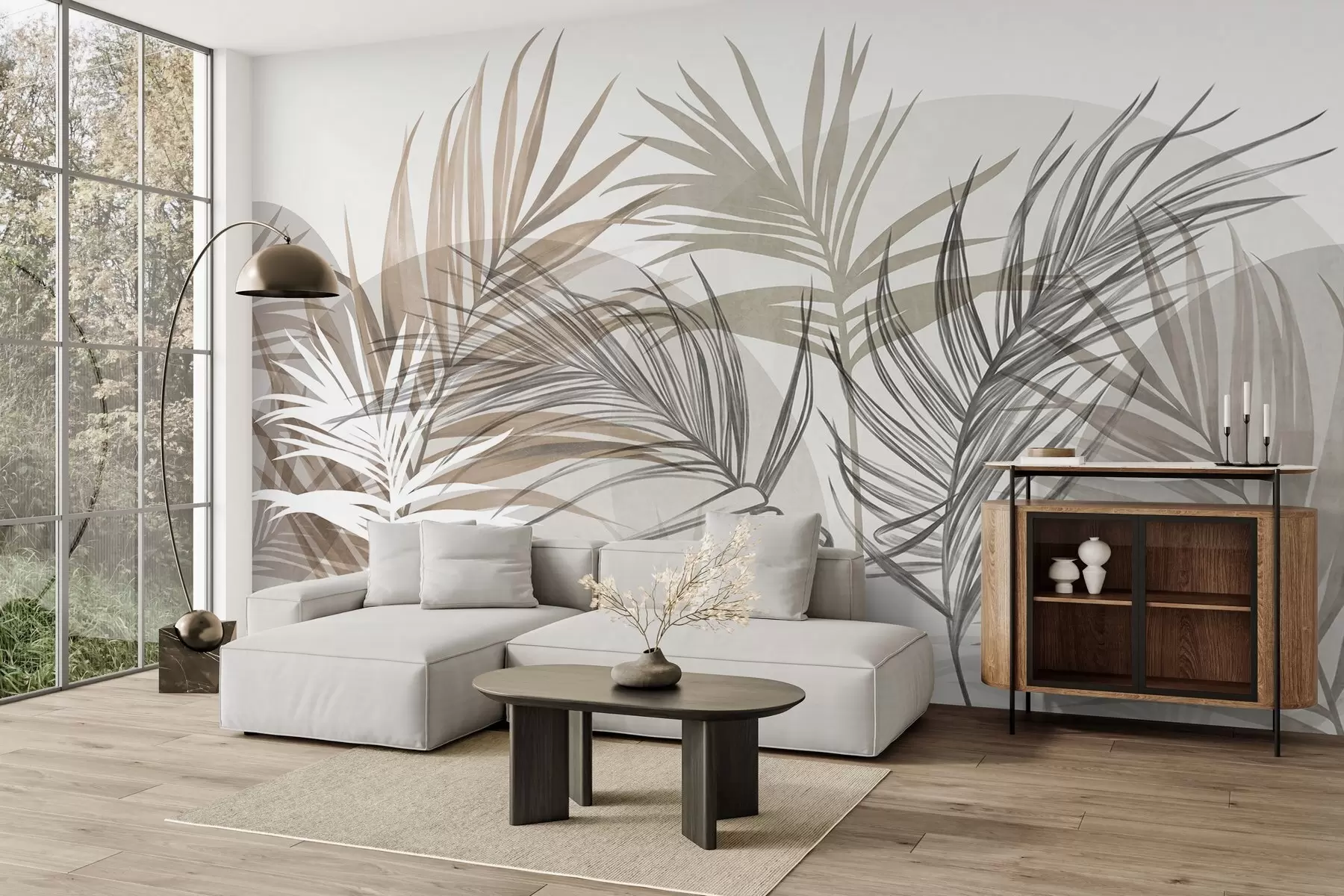 murais de parede Folhas de palmeira em tons neutros de bege, marrom e cinza, com formas abstratas w10025