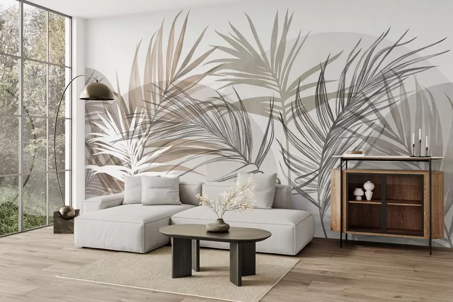 murais de parede Folhas de palmeira em tons neutros de bege, marrom e cinza, com formas abstratas w10025