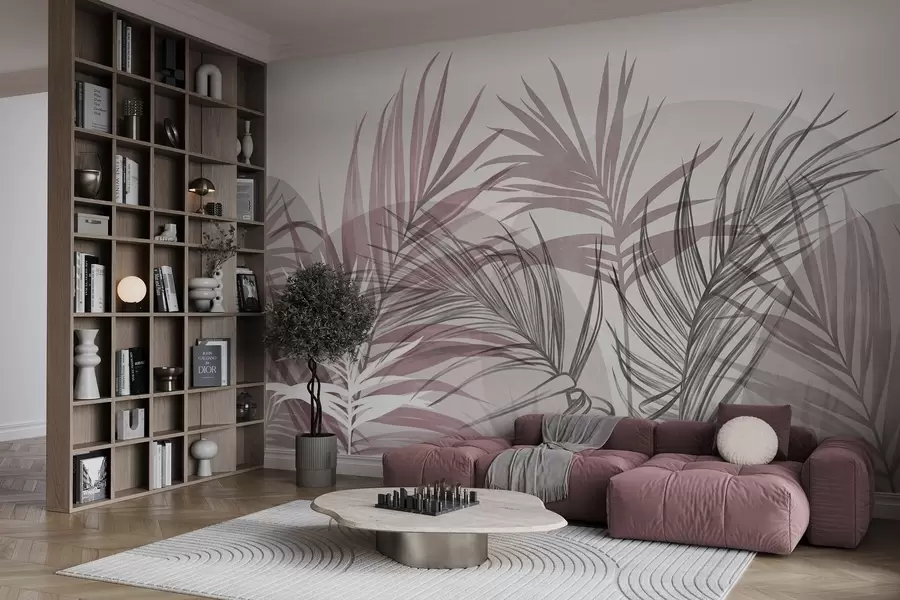 murais de parede Folhas de palmeira em tons neutros de rosa e cinza, com formas abstratas w10025v1
