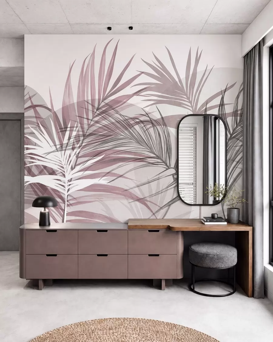 murais de parede Folhas de palmeira em tons neutros de rosa e cinza, com formas abstratas w10025v1