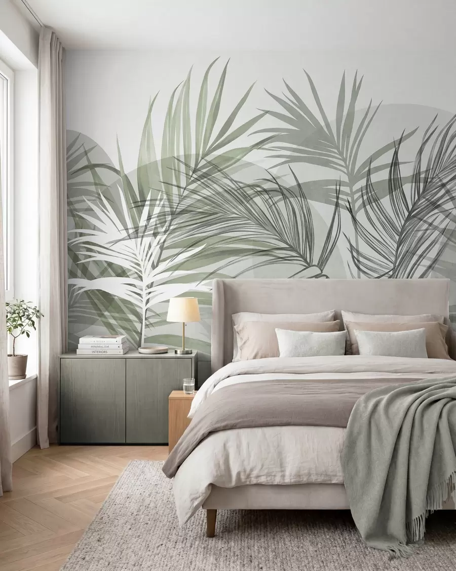 murais de parede Folhas de palmeira em tons neutros de verde e cinza, com formas abstratas w10025v2