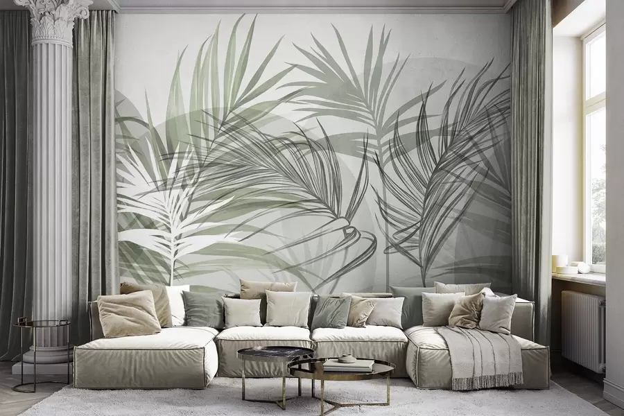 murais de parede Folhas de palmeira em tons neutros de verde e cinza, com formas abstratas w10025v2