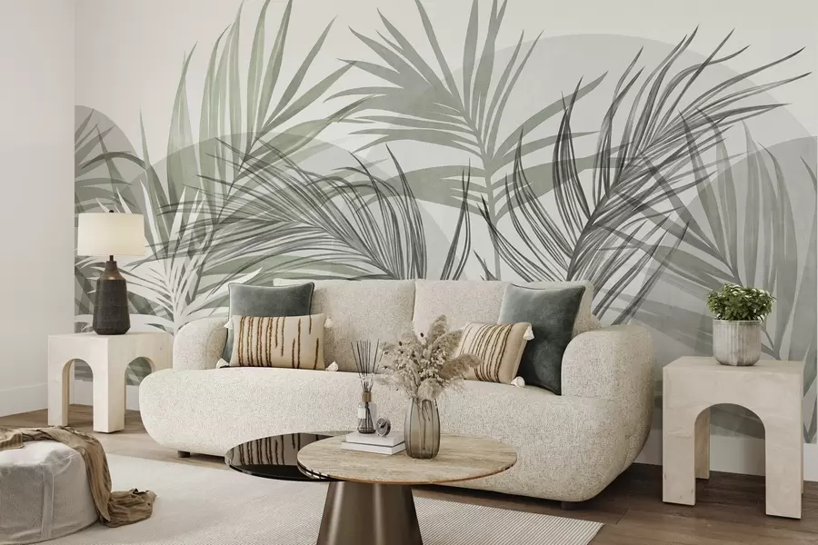 murais de parede Folhas de palmeira em tons neutros de verde e cinza, com formas abstratas w10025v2